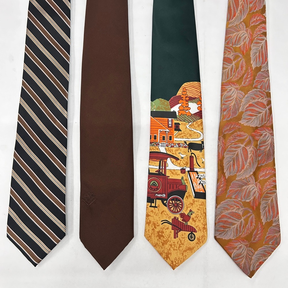 Men's Necktie Lot 4 Vintage Farm Novelty Striped Leaf Brown Preppy Retro Ties